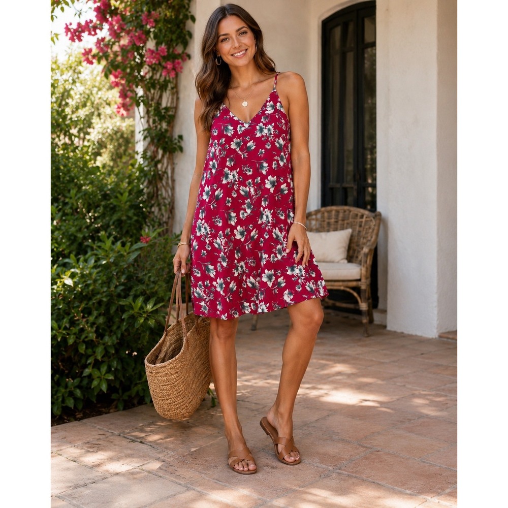 Summer Floral Mini Swing Tank Dress Boho Vacation Beach Cottagecore Sz L